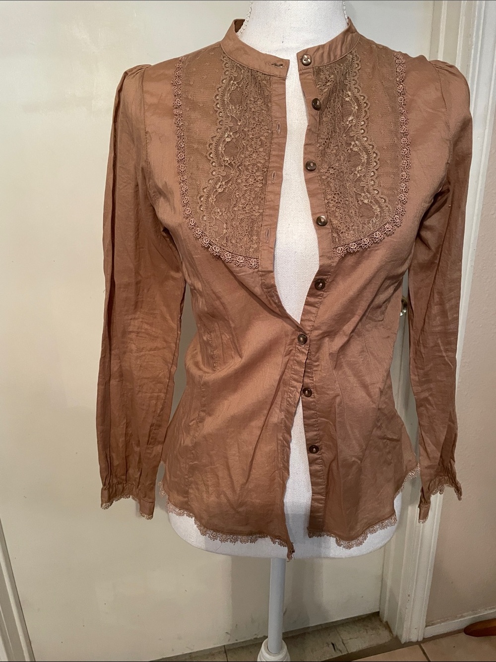 “George” Lace Yoke Button-Front Blouse in Dusty Rose Brown!
